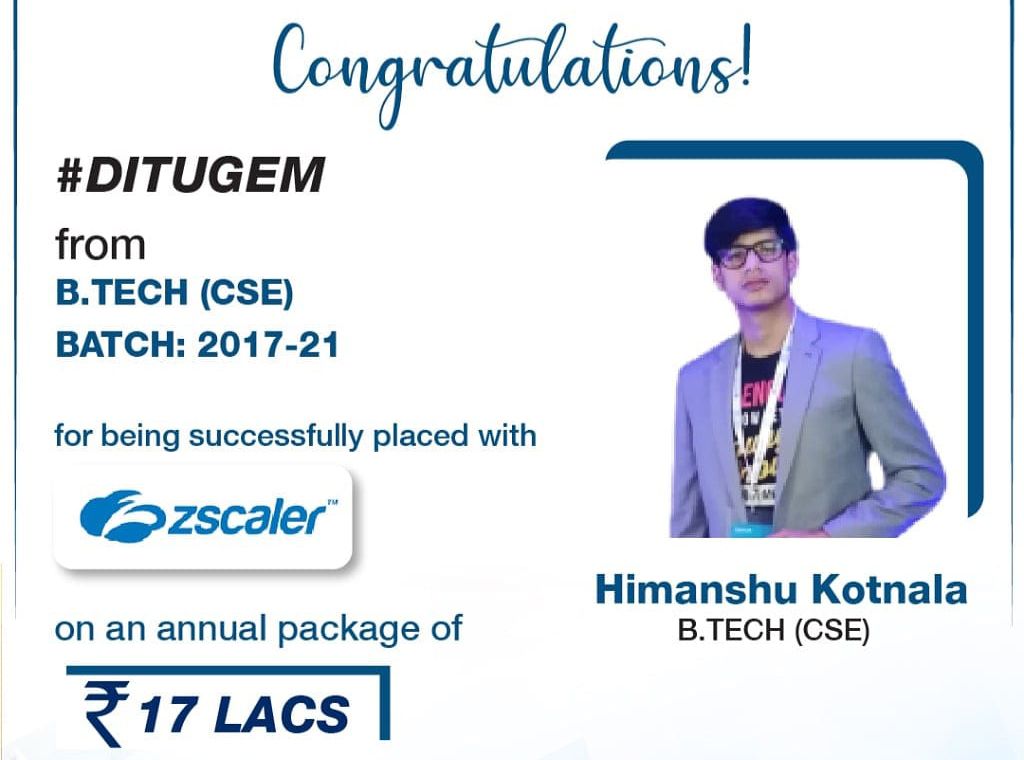 Himanshu Kotnala from B.Tech – CSE (2017-21) Batch placed in Zscaler with 17 LPA
