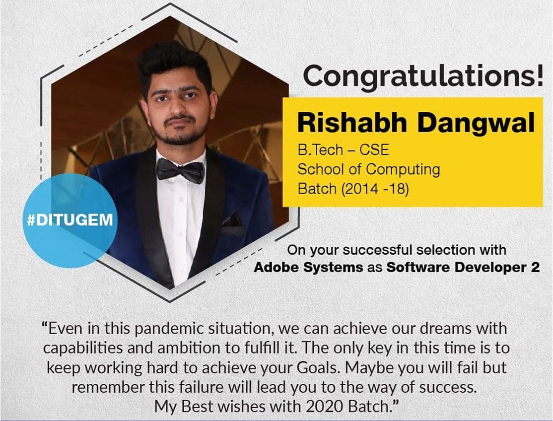 Rishabh Dangwal from BTech CSE placed with Adobe Systems as a Software Developer 2