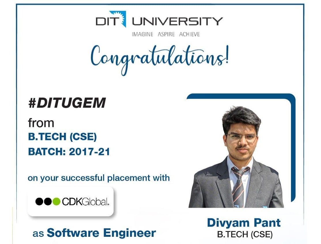 Divyam Pant from BTech CSE placed with CDK Global as Software Engineer