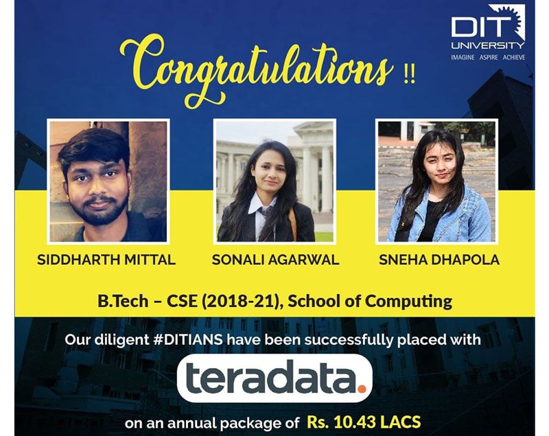 3 Students of BTech-CSE placed in Teradata with 10.43 LPA