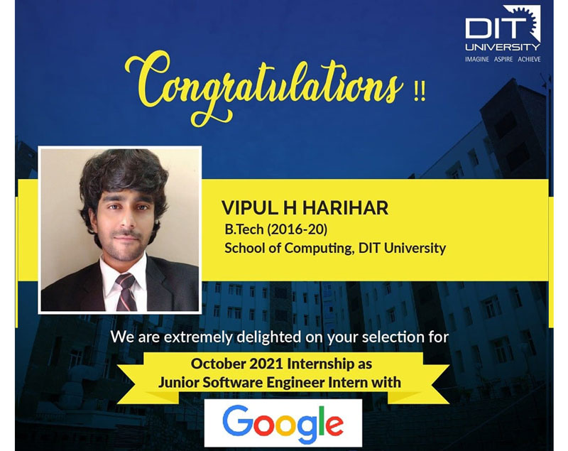 Congratulating Vipul H. Harihar from BTech-CSE for his selection as 'Junior Software Engineer Intern' with Google