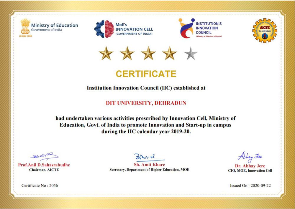 4 Star Rating to IIC DIT University by Innovation Cell, Ministry of Education and AICTE