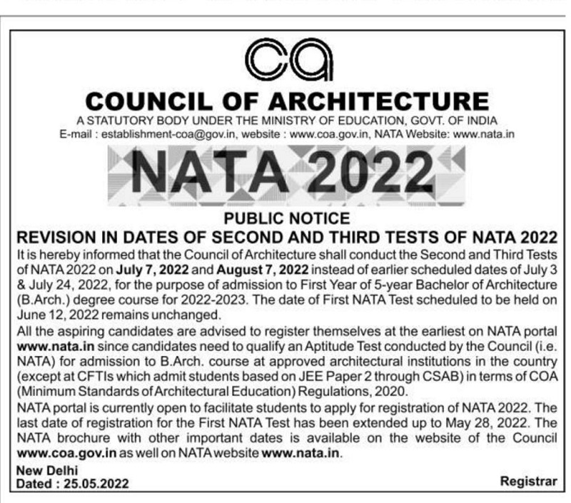 NATA 2022 - Revised in dates of 2nd and 3rd test