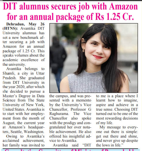 Himachal Times :DIT alumnus secures job with Amazon for an annual package of Rs. 1.25cr