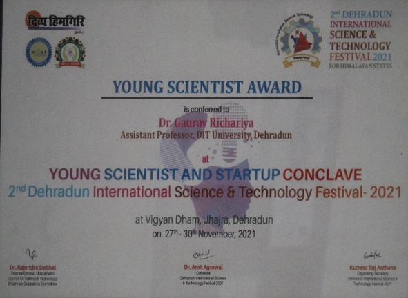 Dr. Gaurav Richhariya received Young Scientist Award at International Science and Technology Festival -2021