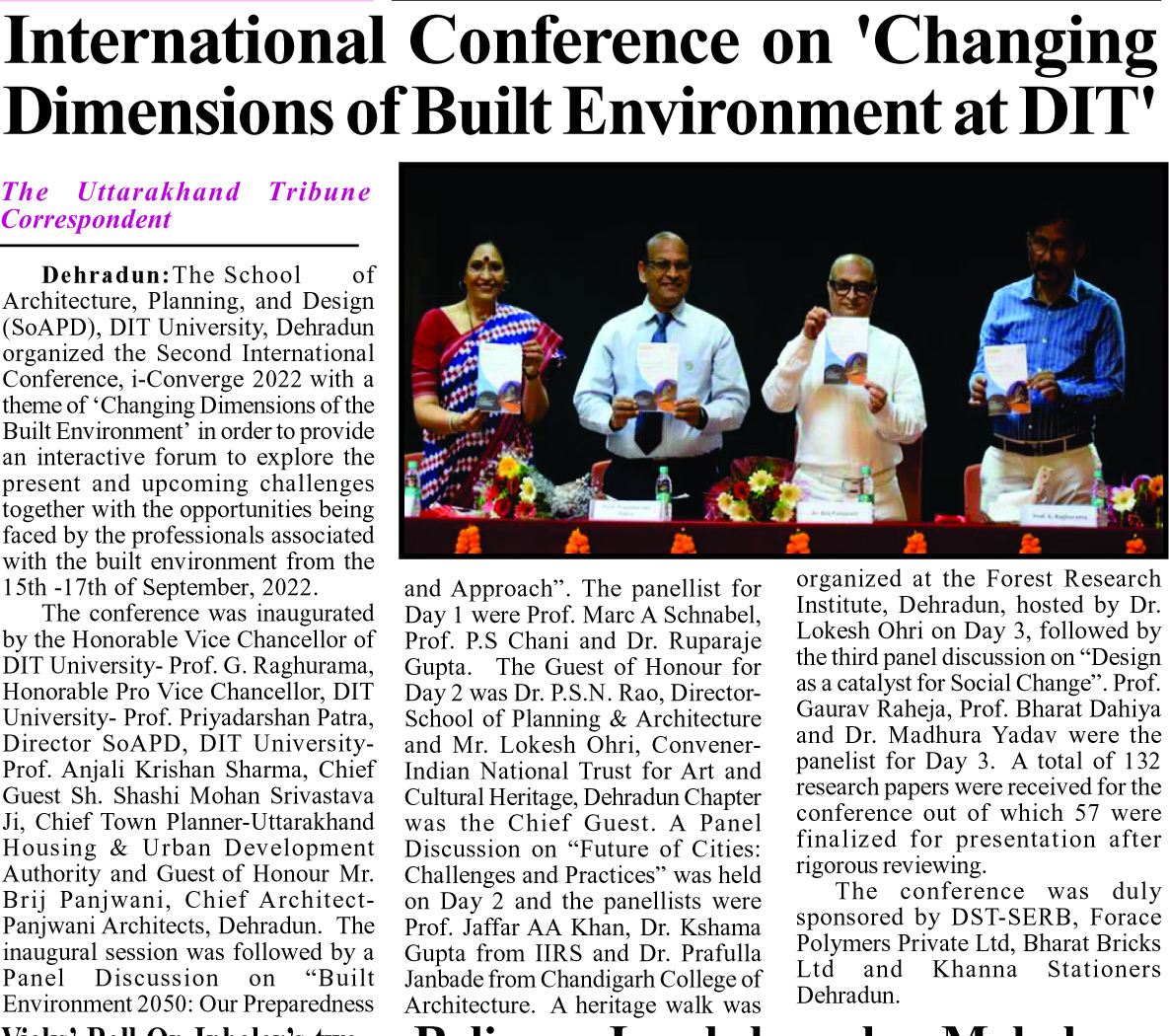 The Uttarakhand Tribune - SoAPD, DIT University, Dehradun organized the Second International Conference, i-Converge 2022