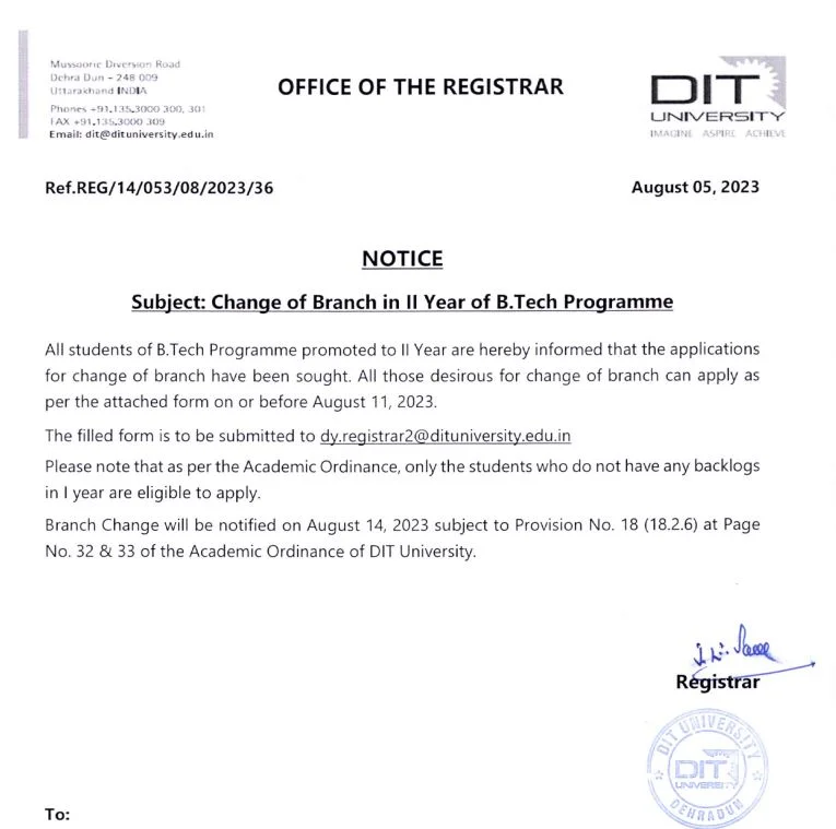 Notice- Change of Branch in II Year of B.Tech Programme