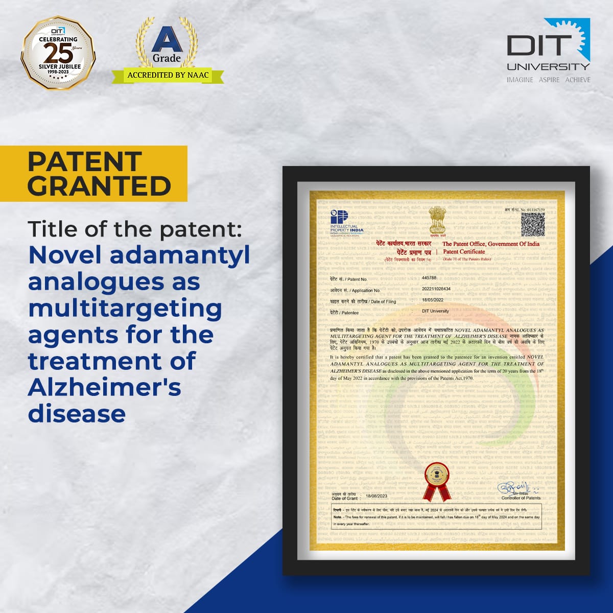 IPR Patent- Novel adamantyl analogues as multitargeting agents for the treatment of Alzheimer's disease