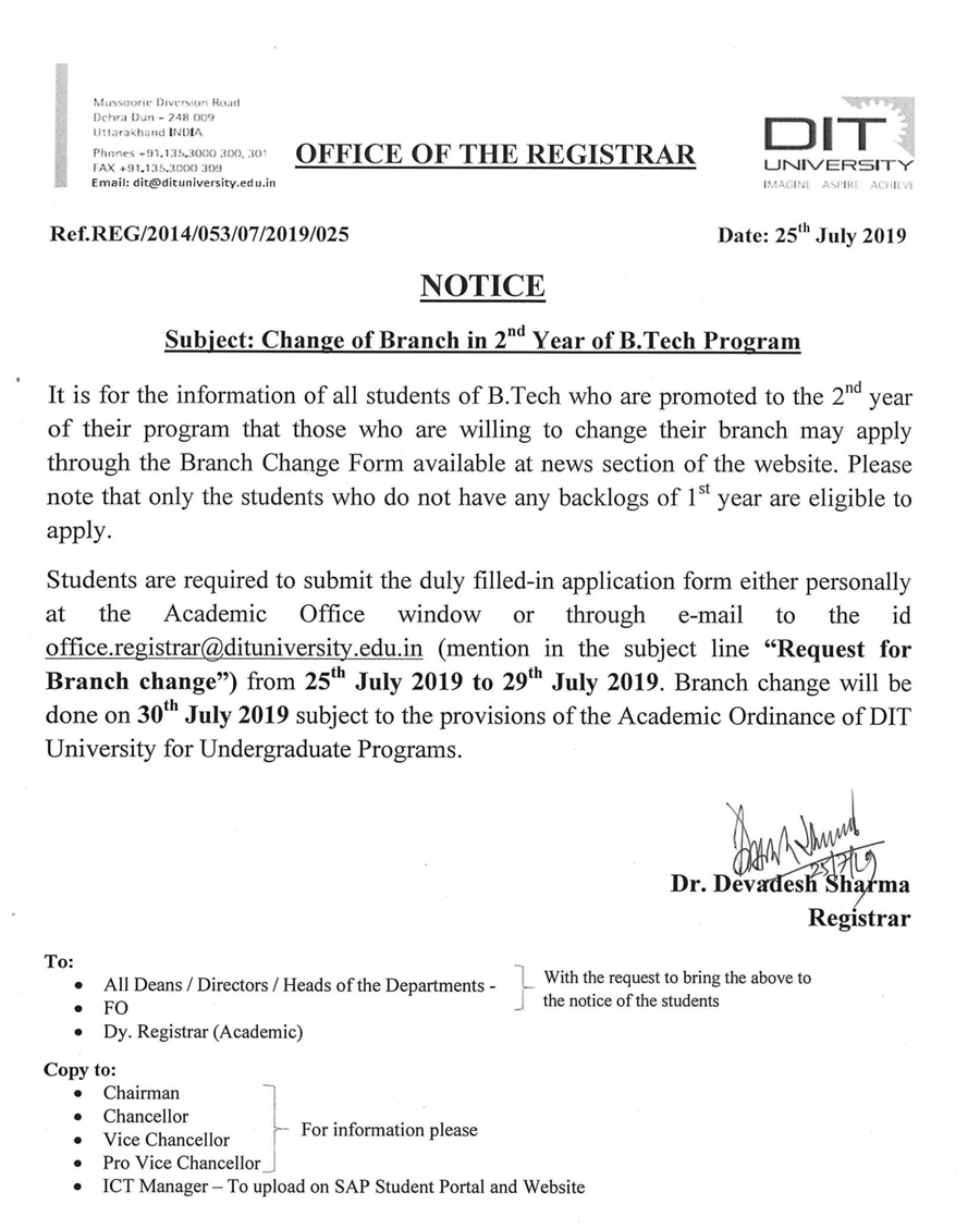 Notice - Change of Branch in 2nd year of B.Tech Program